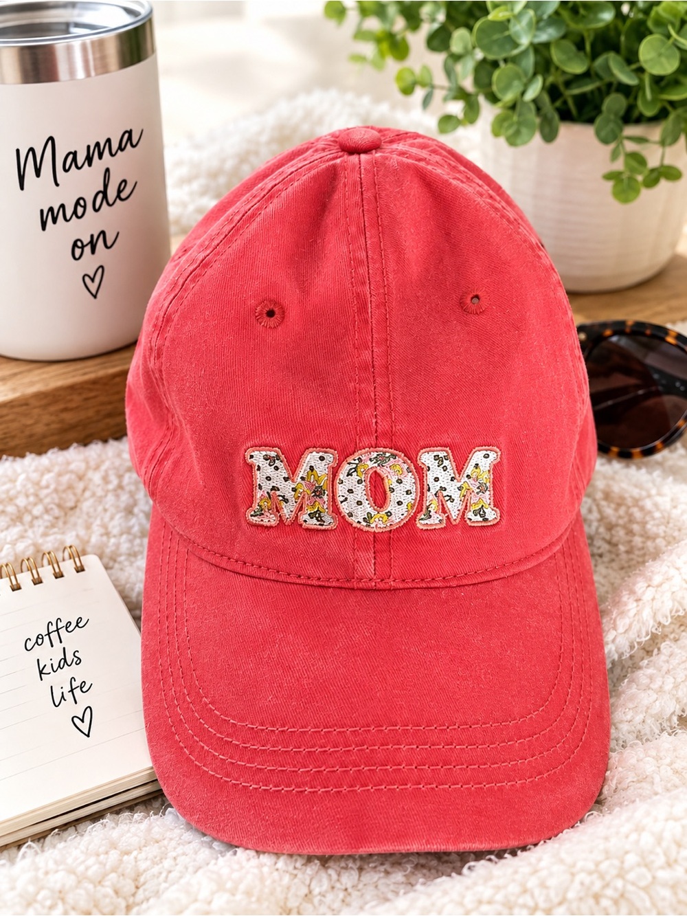 Floral 'MOM' Kids Baseball Cap - Coral Pink
